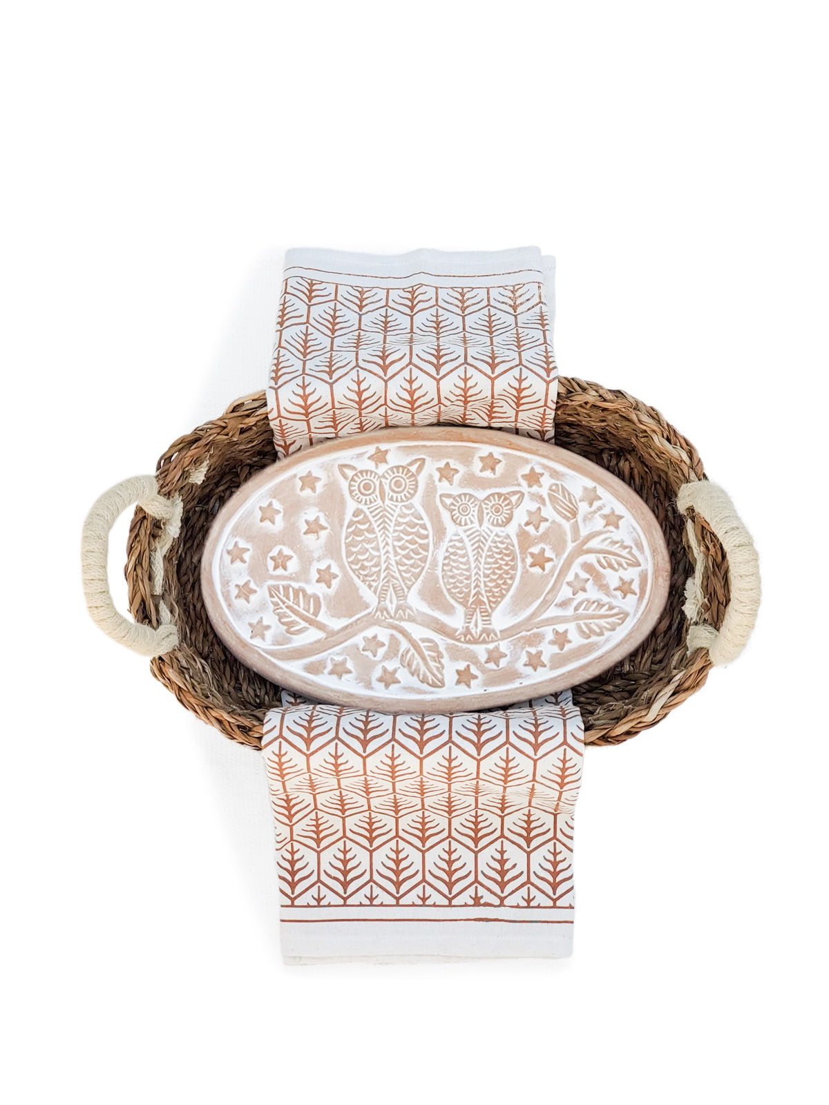 Bread Warmer & Basket Gift Set with Tea Towel - Owl Oval Light Brown | Heirloom Boulevard