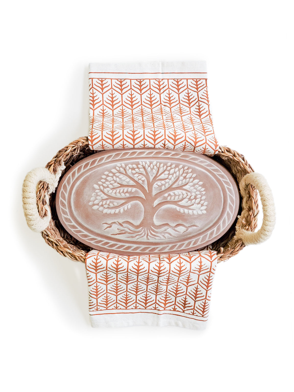 Bread Warmer & Basket Gift Set with Tea Towel - Tree of Life Oval Light Brown | Heirloom Boulevard