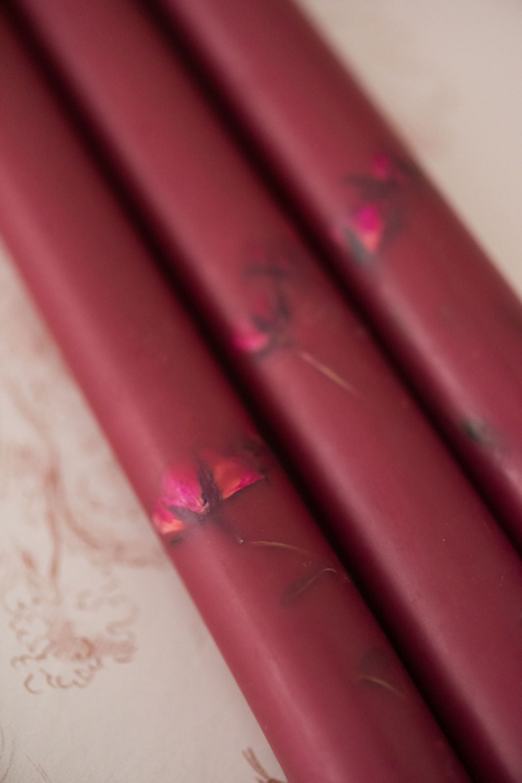 Galley & Fen Floral Inlaid Tapered Candle in Burgundy - Set of 3 | Heirloom Boulevard