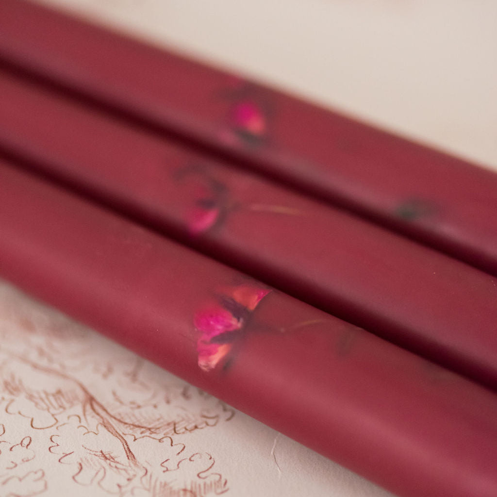 Galley & Fen Floral Inlaid Tapered Candle in Burgundy - Set of 3 | Heirloom Boulevard