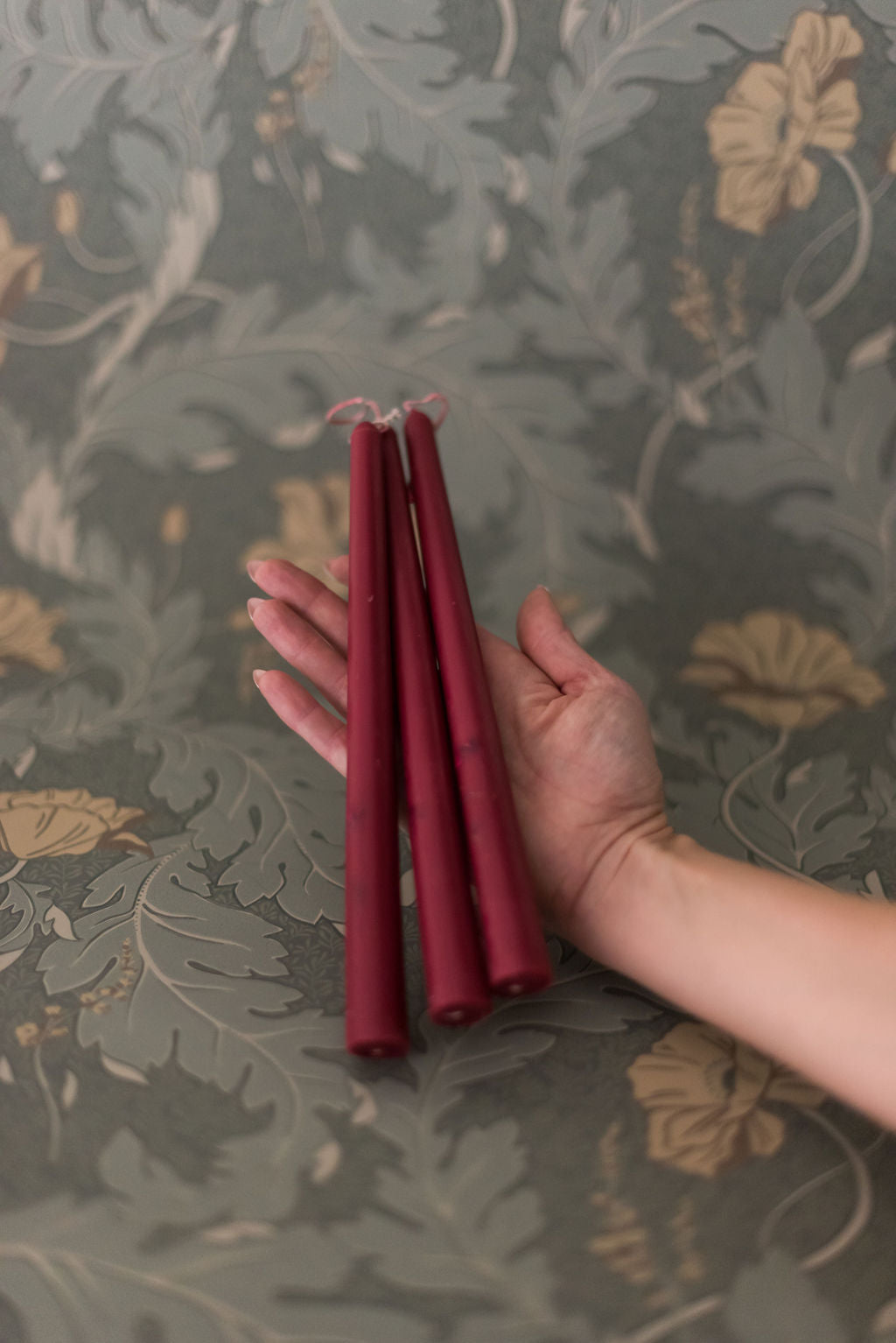 Galley & Fen Floral Inlaid Tapered Candle in Burgundy - Set of 3 | Heirloom Boulevard