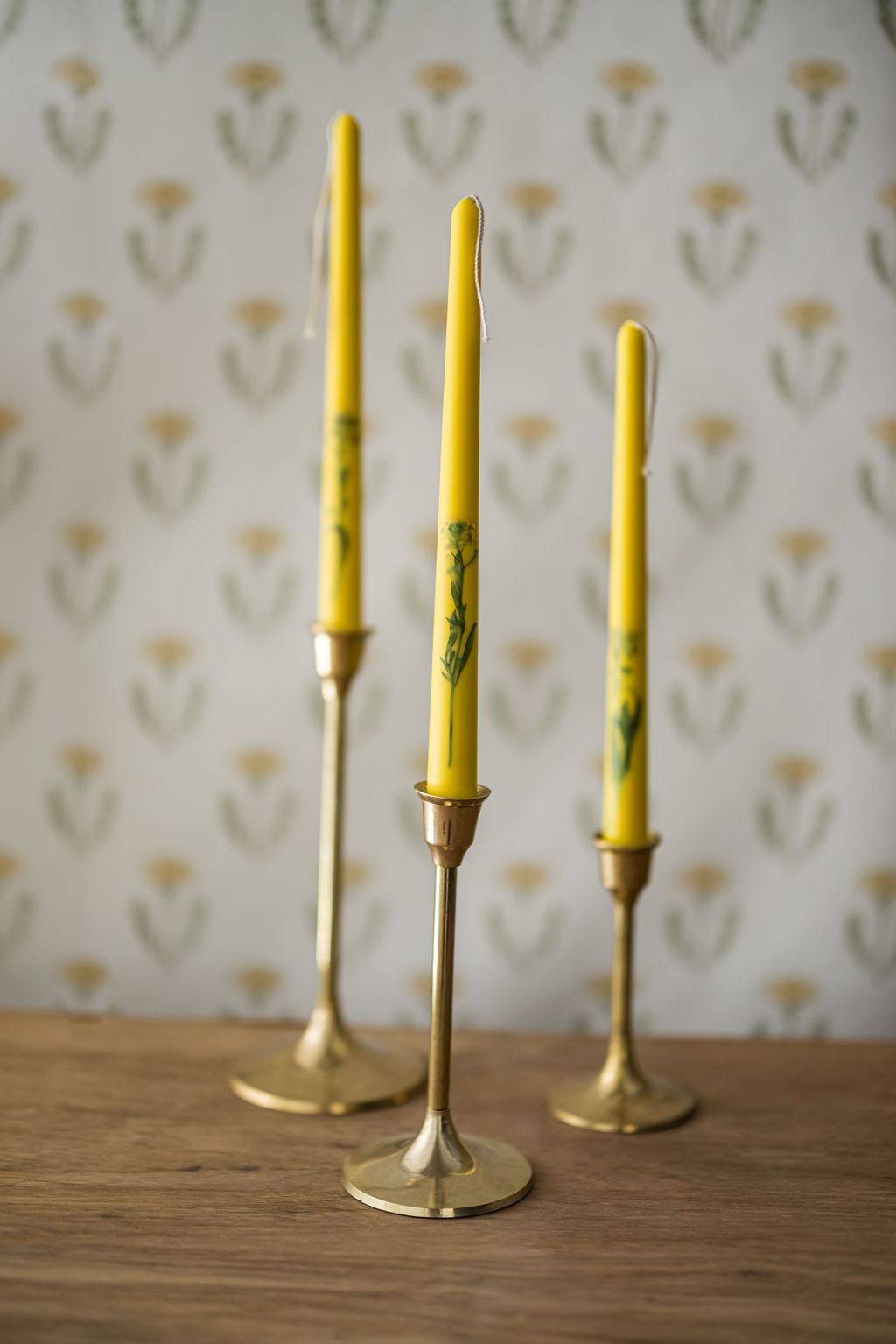 Galley & Fen Floral Inlaid Tapered Candles in Yellow- Set of 3 | Heirloom Boulevard