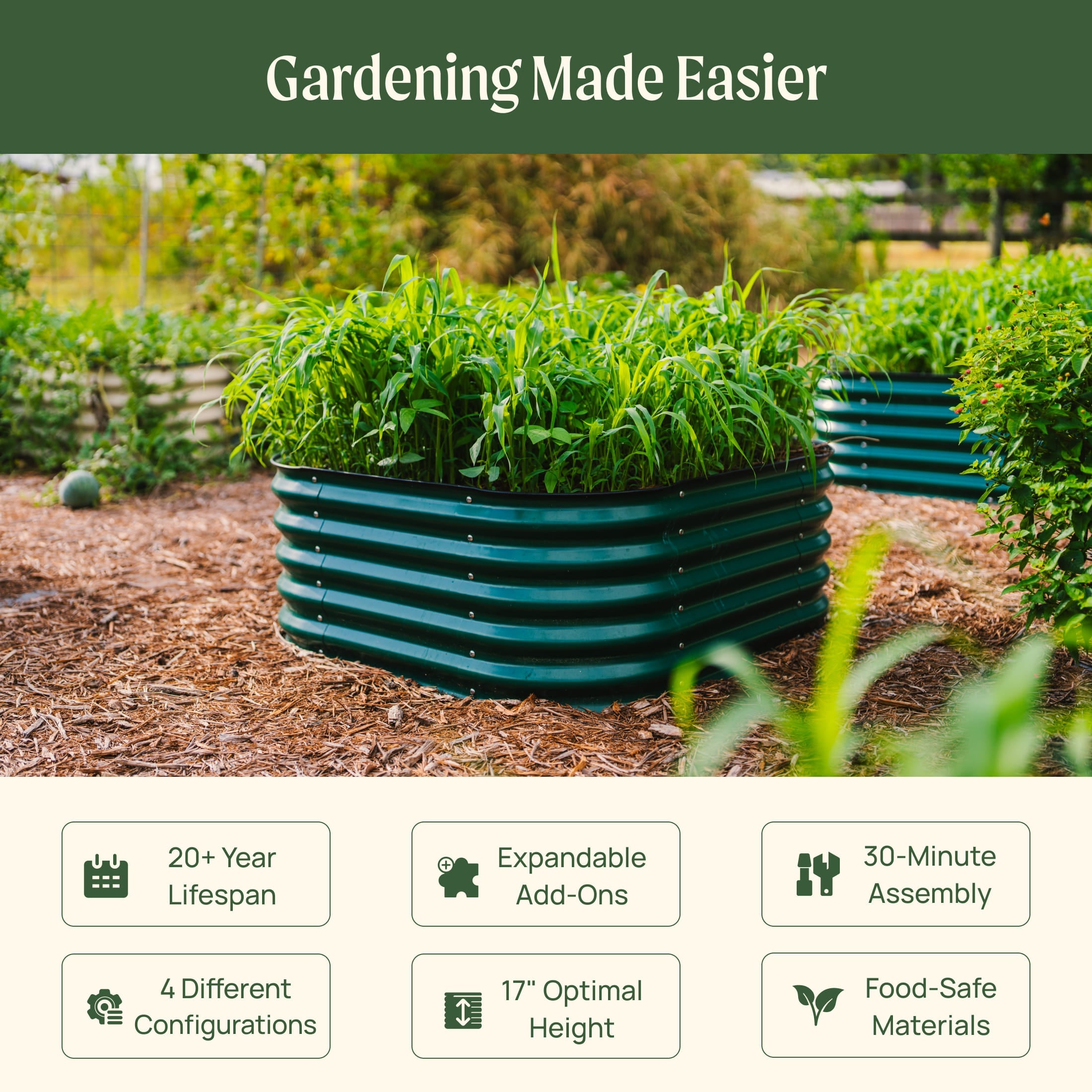 Vego Garden 17" Tall 4 In 1 Small Modular Metal Raised Garden Bed Kit | Heirloom Boulevard
