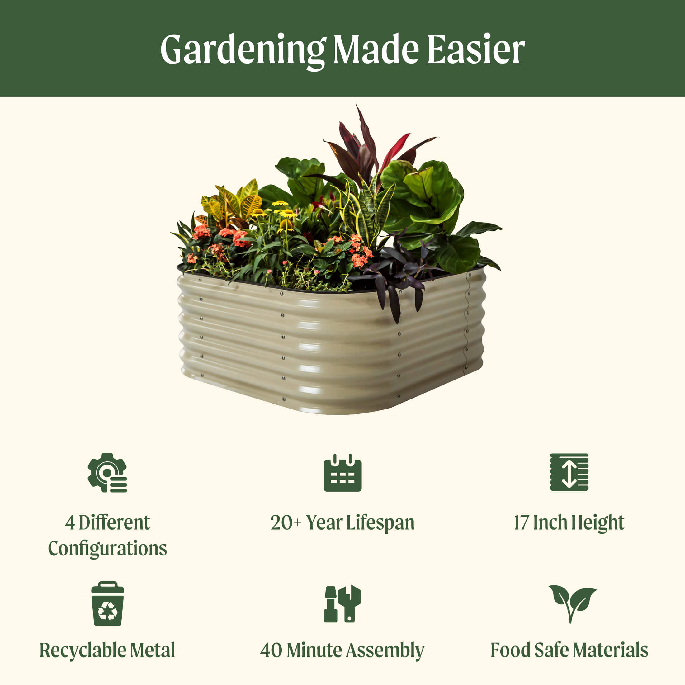 Vego Garden 17" Tall 4 In 1 Small Modular Metal Raised Garden Bed Kit | Heirloom Boulevard