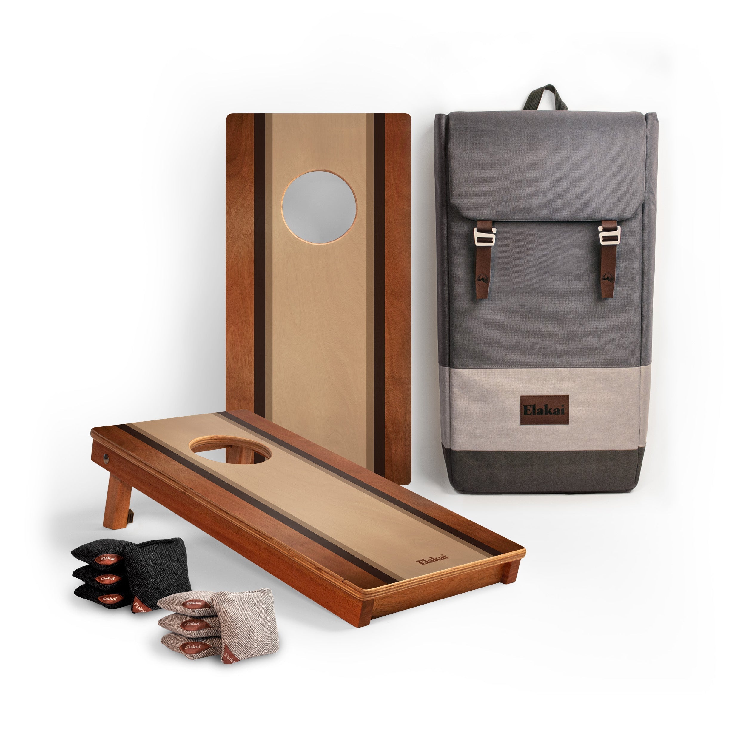 Elakai 1ft x 2ft Graphic Wood Travel Cornhole Set | Classic Beach Stripes Collection Mocha | Heirloom Boulevard