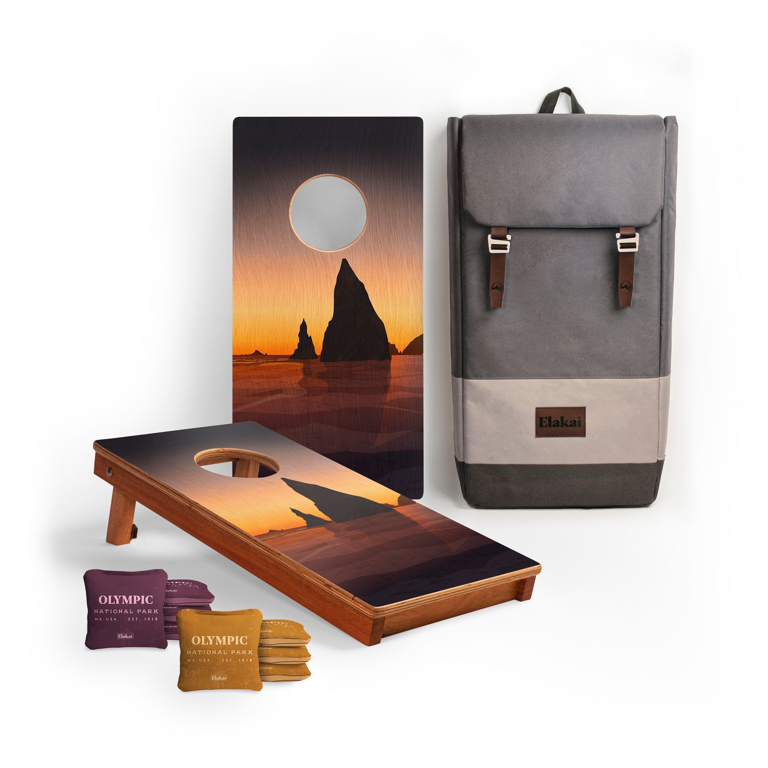 Elakai 1ft x 2ft Graphic Wood Travel Cornhole Set | National Parks Inspired Collection Olympic | Heirloom Boulevard