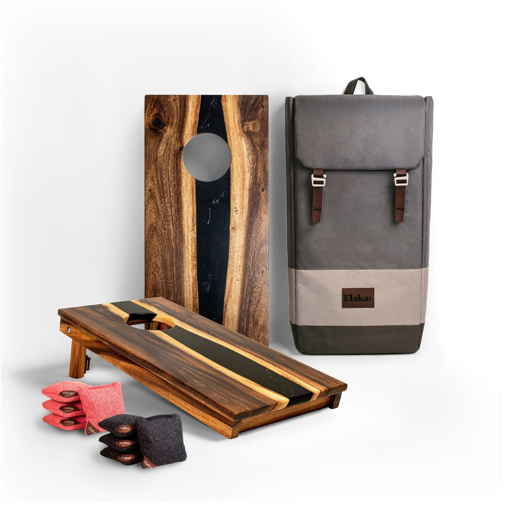 Elakai 1ft x 2ft Resin & Wood Travel Cornhole Set | Live Edge River Collection Black | Heirloom Boulevard