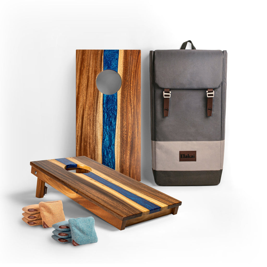 Elakai 1ft x 2ft Resin & Wood Travel Cornhole Set | Live Edge River Collection Blue Pearl | Heirloom Boulevard
