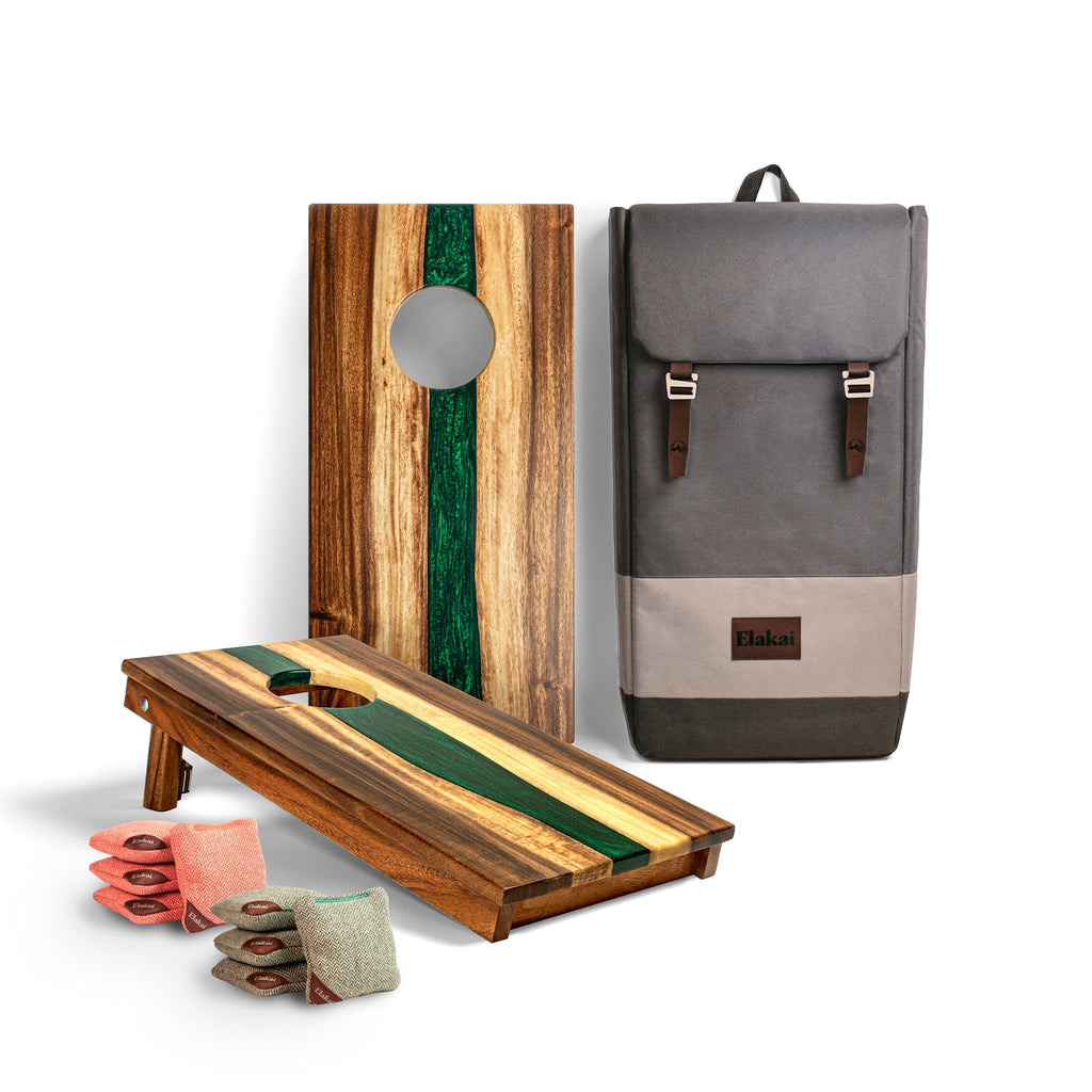 Elakai 1ft x 2ft Resin & Wood Travel Cornhole Set | Live Edge River Collection Green Pearl | Heirloom Boulevard