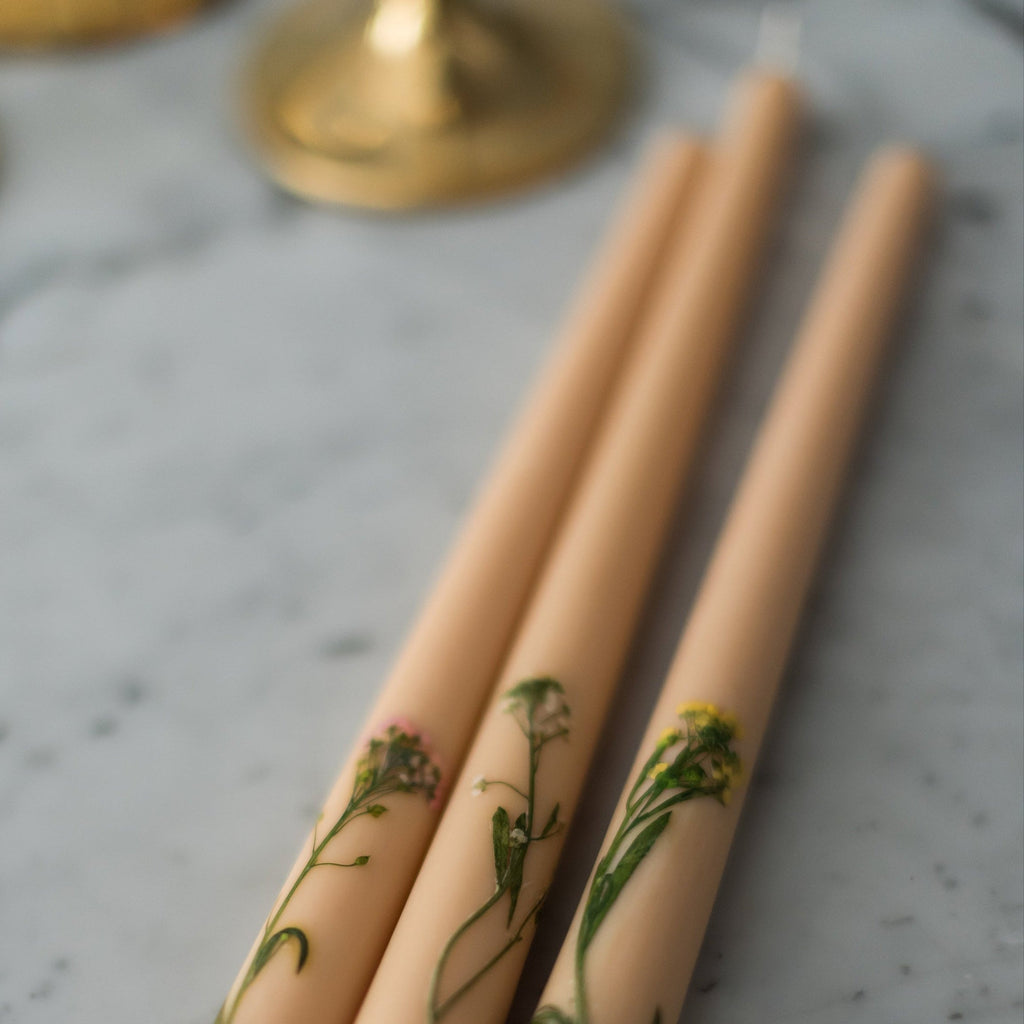 Galley & Fen Floral Inlaid Tapered Candle in Cream - Set of 3 | Heirloom Boulevard