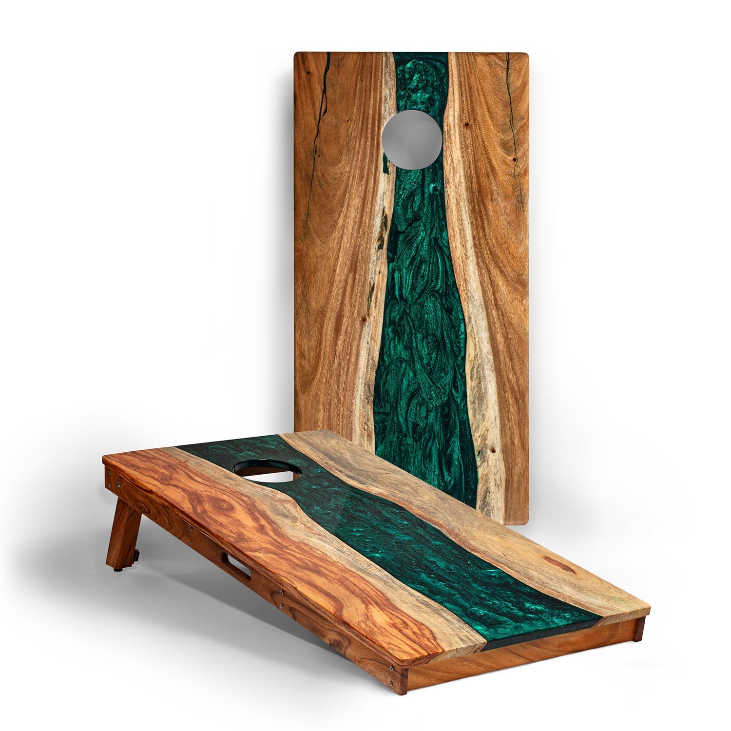 Elakai 2ft x 4ft Resin & Wood Classic Cornhole Set | Live Edge River Collection Green Pearl | Heirloom Boulevard