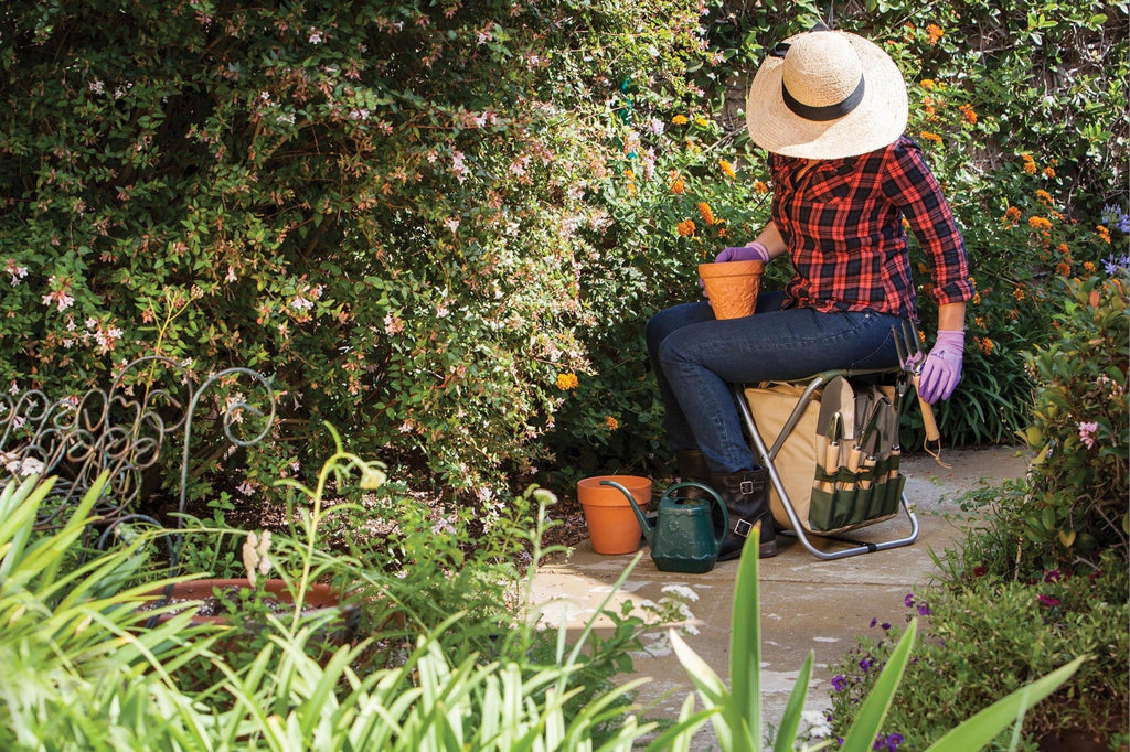Oniva Gardener Folding Seat with Tools | Heirloom Boulevard