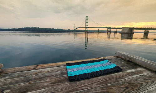 5 Stripe Lobster Rope Mat Black, Teal Light Gray | Heirloom Boulevard