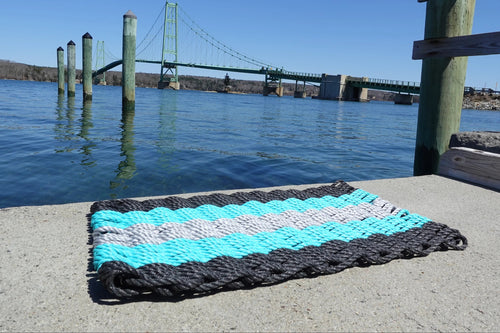 5 Stripe Lobster Rope Mat Black, Teal Light Gray | Heirloom Boulevard