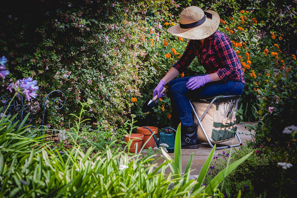 Oniva Gardener Folding Seat with Tools | Heirloom Boulevard