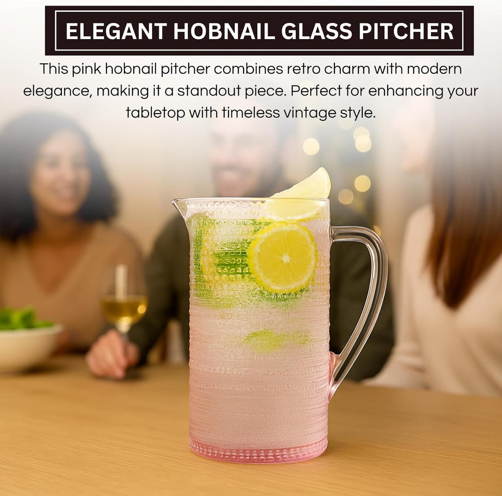 Khen Hobnail Pitcher, Vintage Style Textured Artisan Design Borosilicate Glass Beverage Server Drinkware - 7.8 Inch Pink