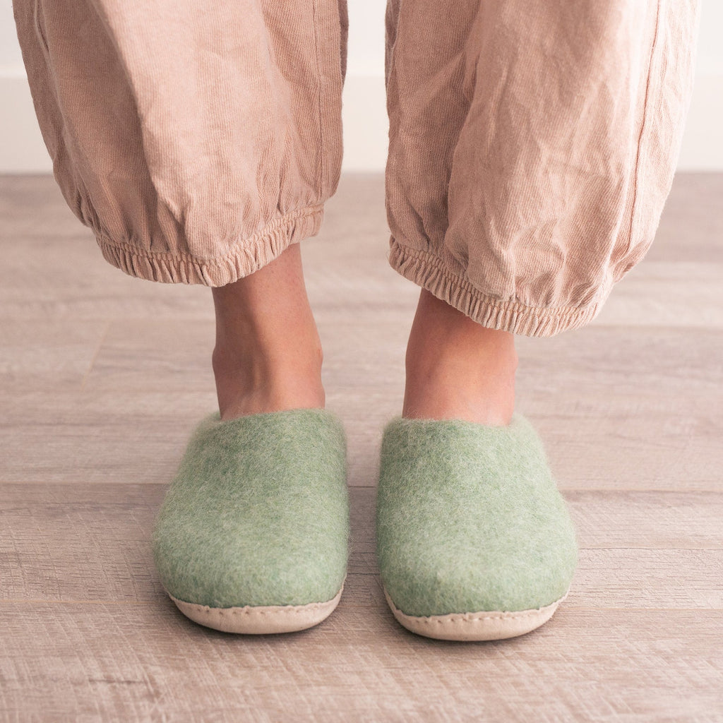Eucalyptus Green | Luxury Organic Merino Wool Slippers Fuzzy Cove | Heirloom Boulevard