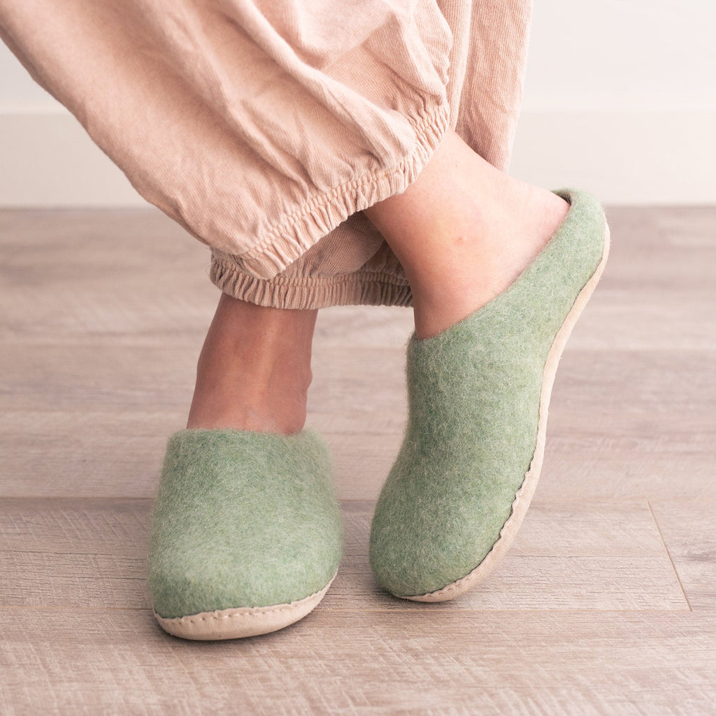 Eucalyptus Green | Luxury Organic Merino Wool Slippers Fuzzy Cove | Heirloom Boulevard