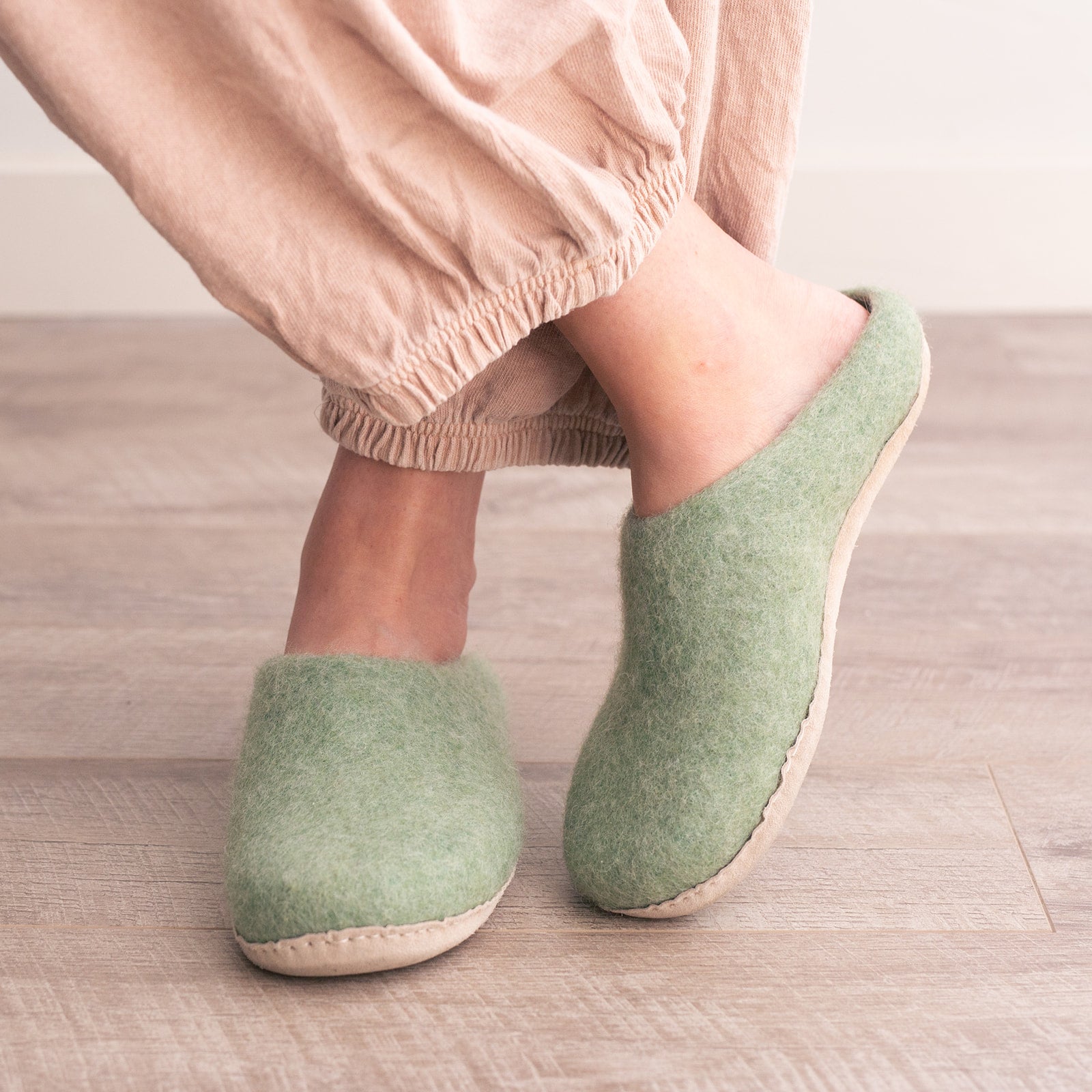 Eucalyptus Green | Luxury Organic Merino Wool Slippers Fuzzy Cove | Heirloom Boulevard