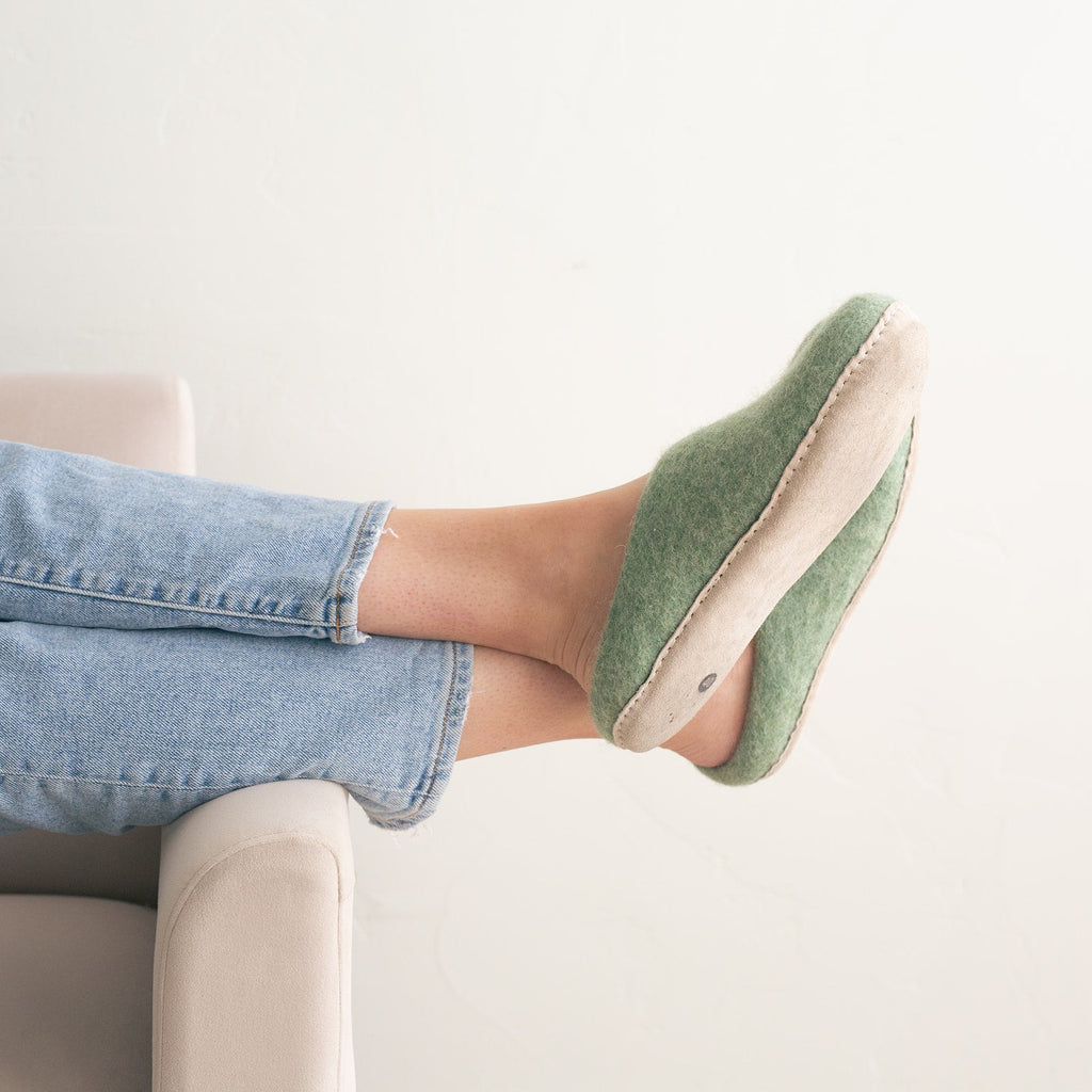 Eucalyptus Green | Luxury Organic Merino Wool Slippers Fuzzy Cove | Heirloom Boulevard