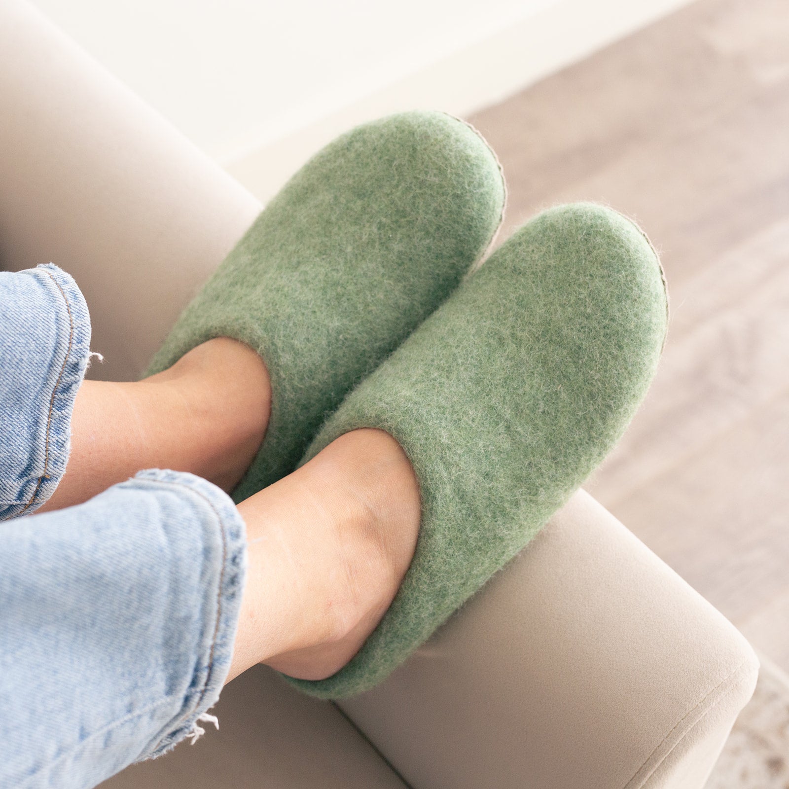 Eucalyptus Green | Luxury Organic Merino Wool Slippers Fuzzy Cove | Heirloom Boulevard