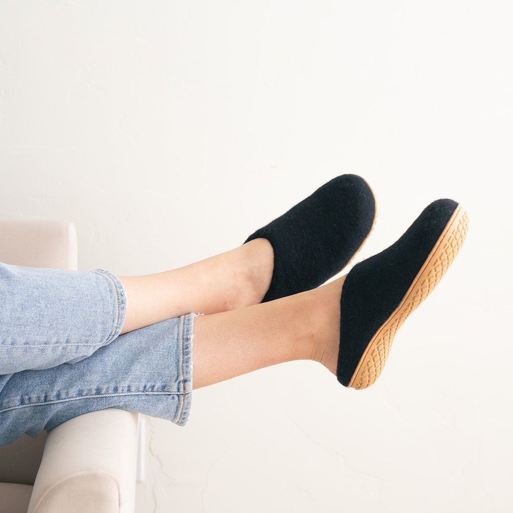 Night Black | Luxury Organic Merino Wool Slippers Fuzzy Cove | Heirloom Boulevard