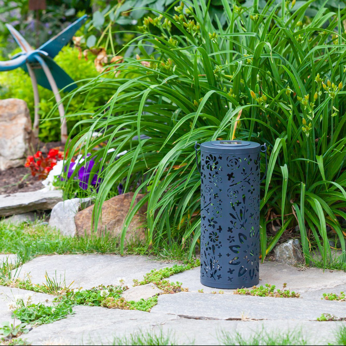 Allsop Bloom Punched Metal Solar Lantern - Midnight Blue | Heirloom Boulevard