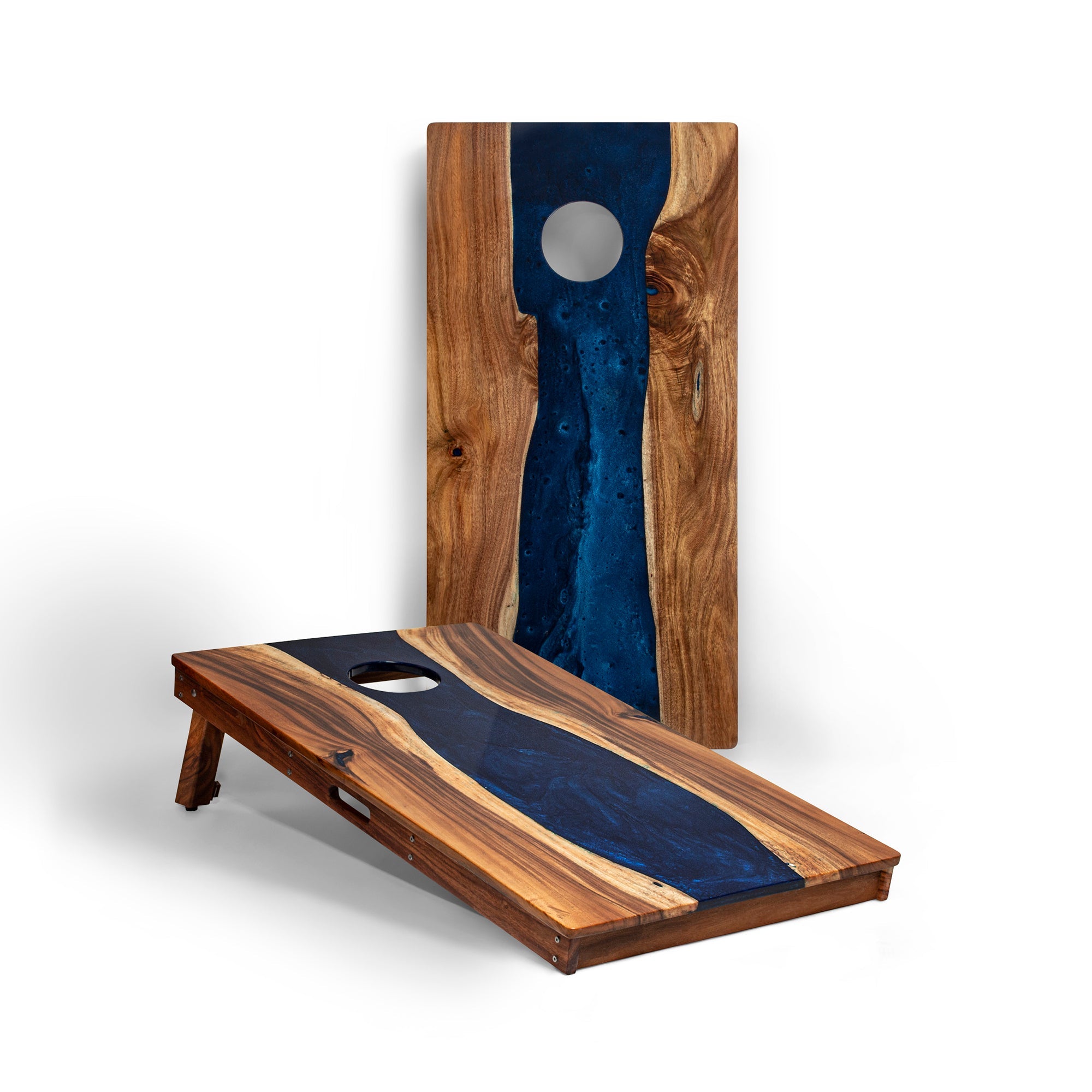 Elakai River Epoxy Resin with Live Edge Acacia Pathfinder ART Cornhole Boards Classic Sapphire | Heirloom Boulevard
