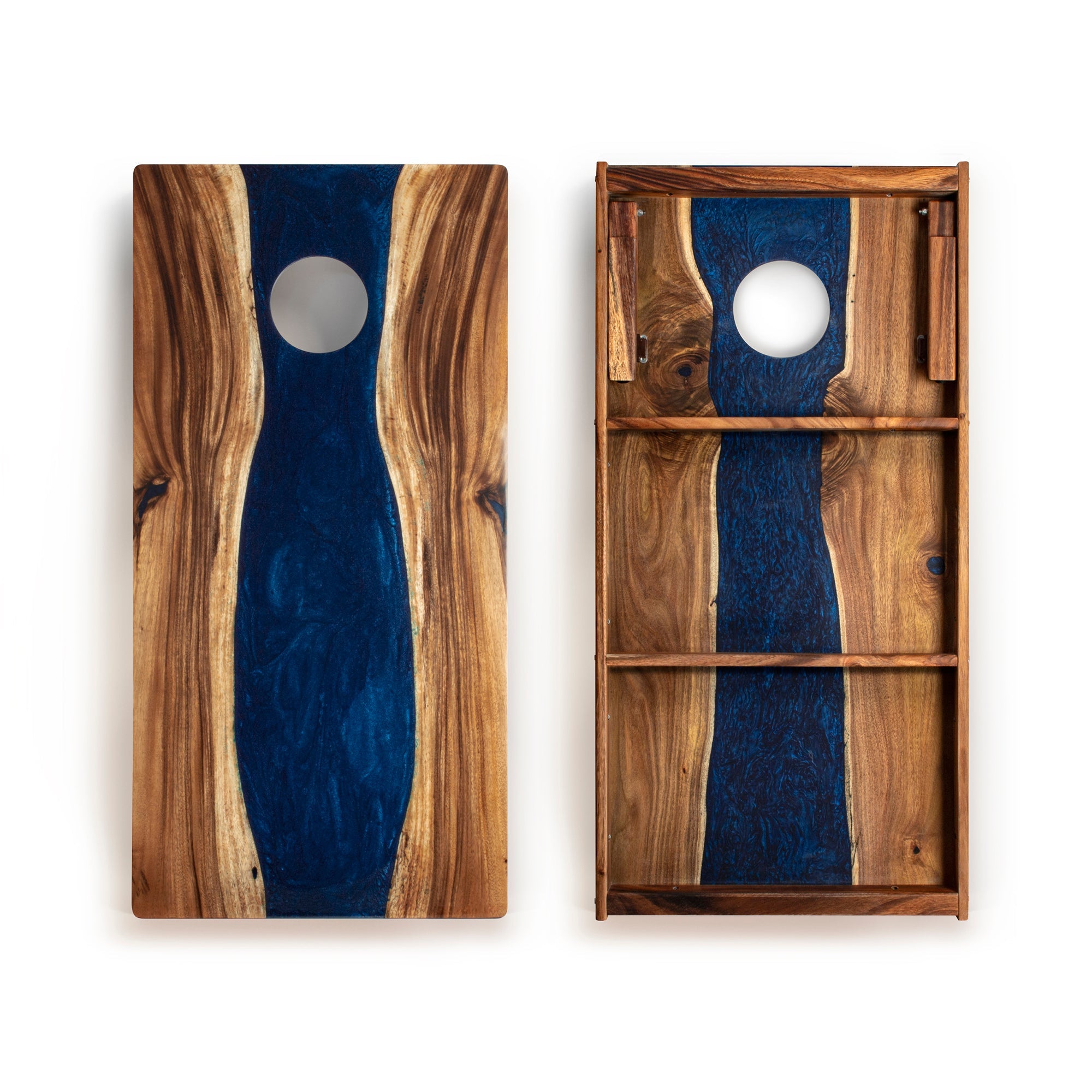 Elakai River Epoxy Resin with Live Edge Acacia Pathfinder ART Cornhole Boards | Heirloom Boulevard