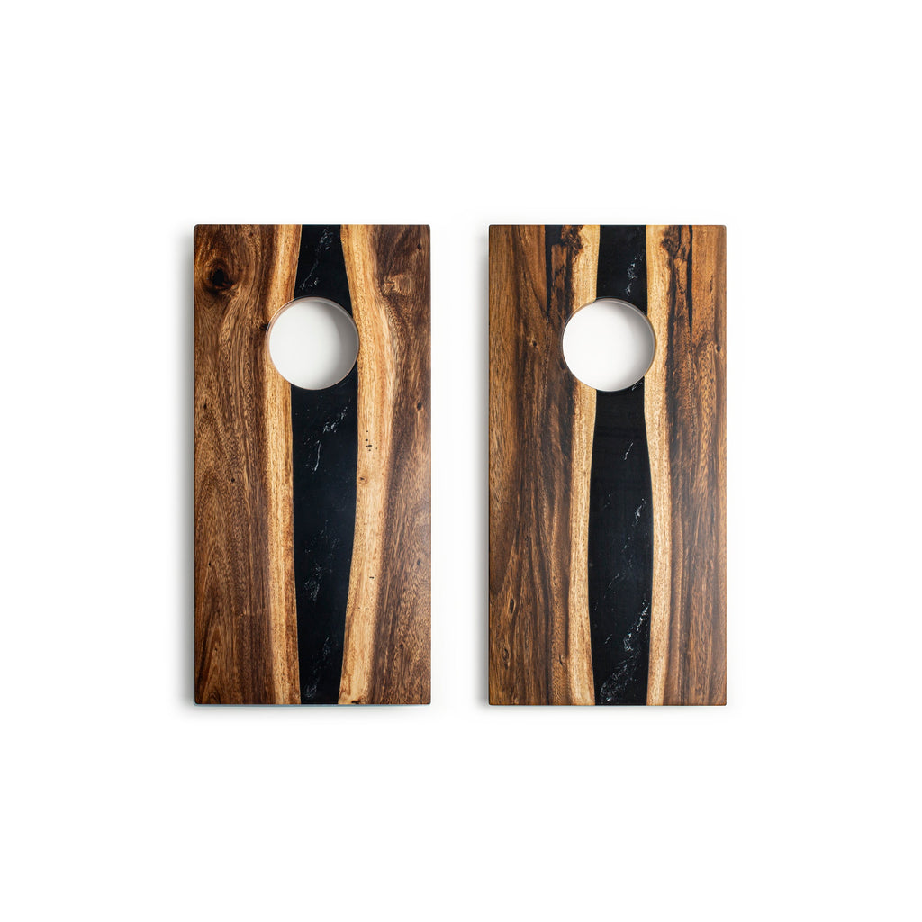 Elakai 1ft x 2ft River Epoxy Resin with Live Edge Acacia Pathfinder ART Cornhole Board Sets | Heirloom Boulevard