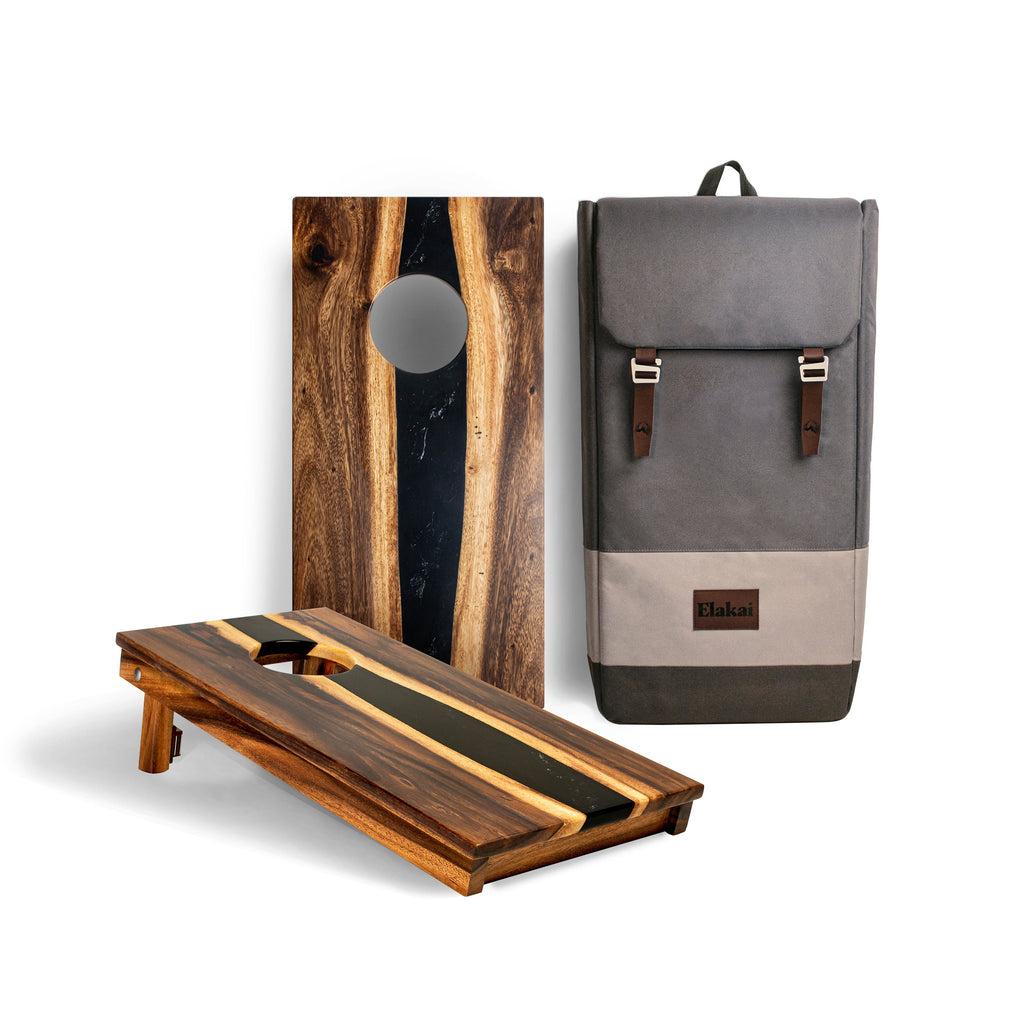 Elakai River Epoxy Resin with Live Edge Acacia Pathfinder ART Cornhole Boards Travel Onyx | Heirloom Boulevard