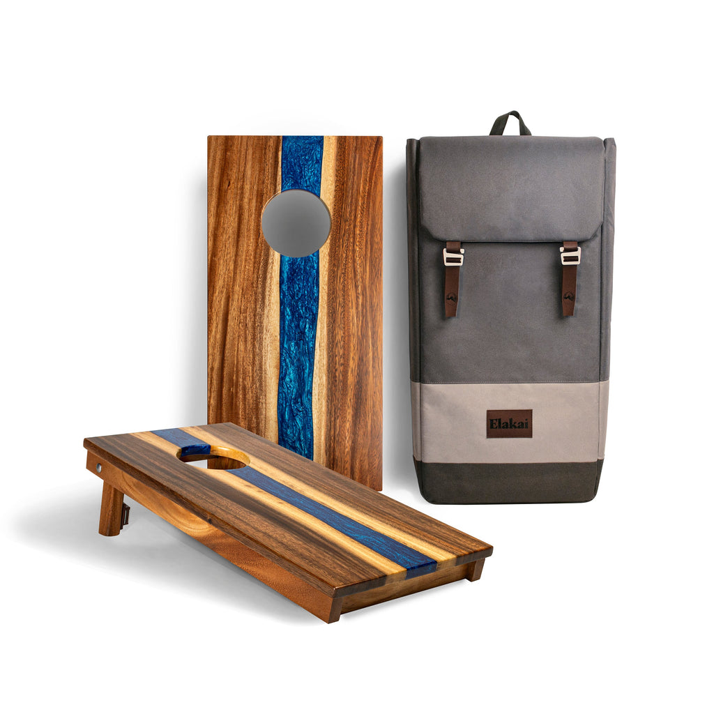 Elakai River Epoxy Resin with Live Edge Acacia Pathfinder ART Cornhole Boards Travel Sapphire | Heirloom Boulevard