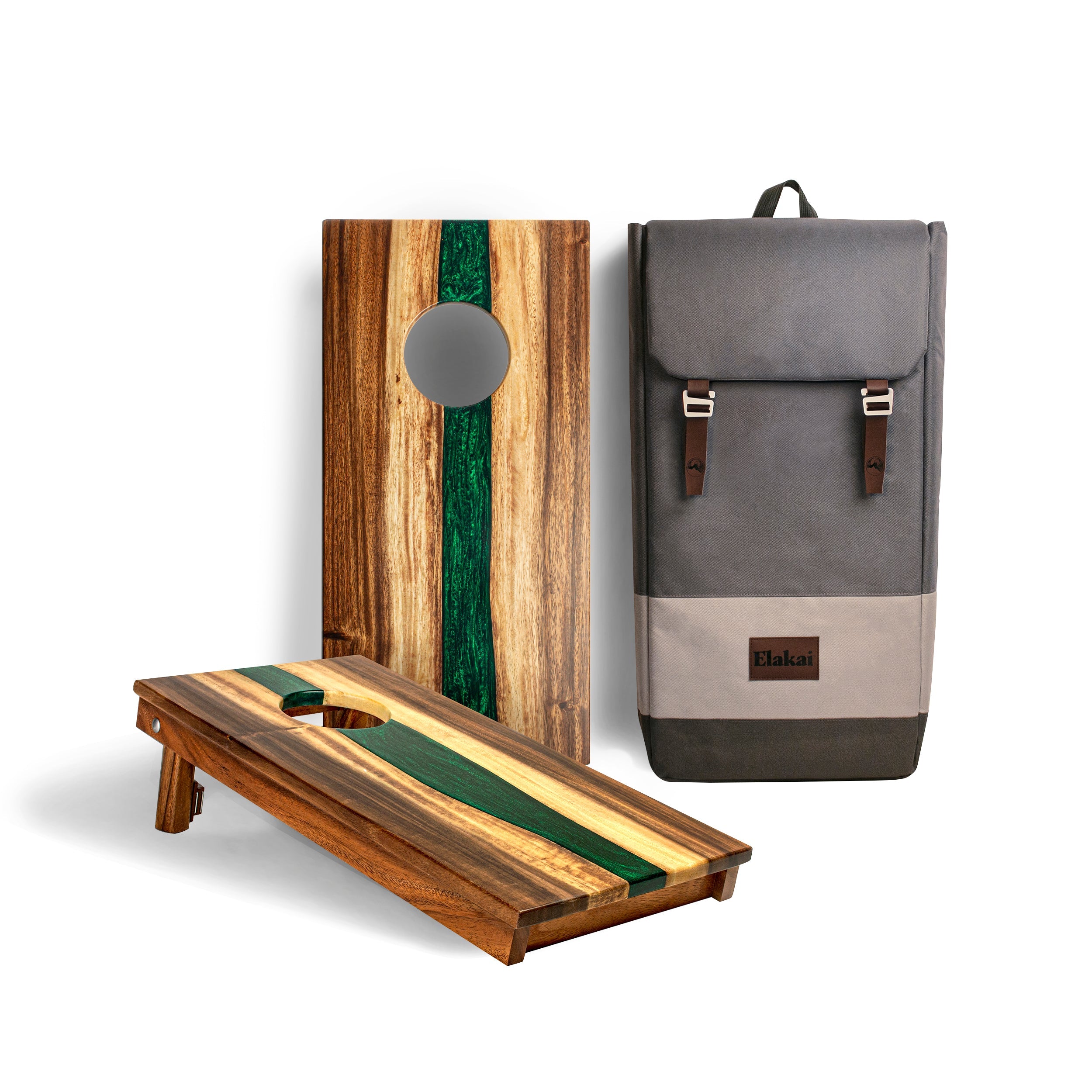 Elakai River Epoxy Resin with Live Edge Acacia Pathfinder ART Cornhole Boards Travel Emerald | Heirloom Boulevard