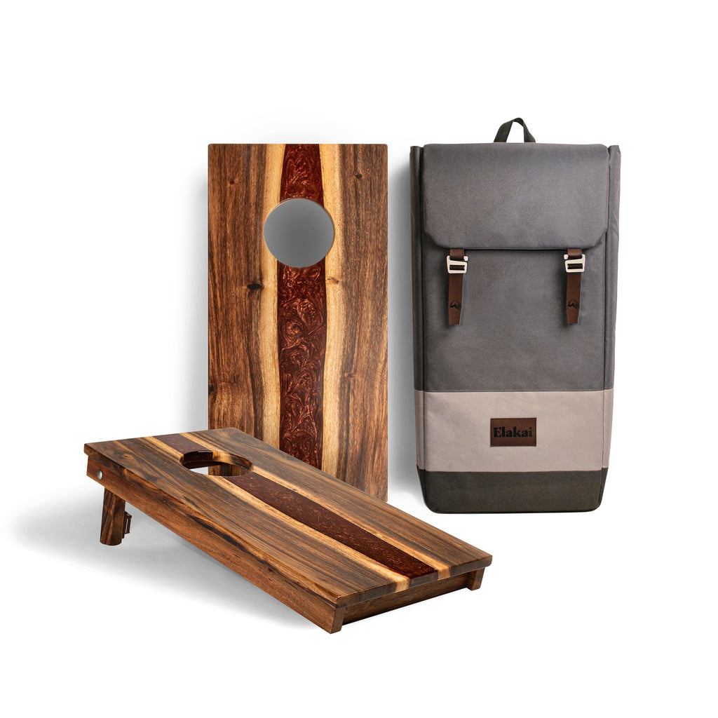 Elakai River Epoxy Resin with Live Edge Acacia Pathfinder ART Cornhole Boards Travel Bronzite | Heirloom Boulevard