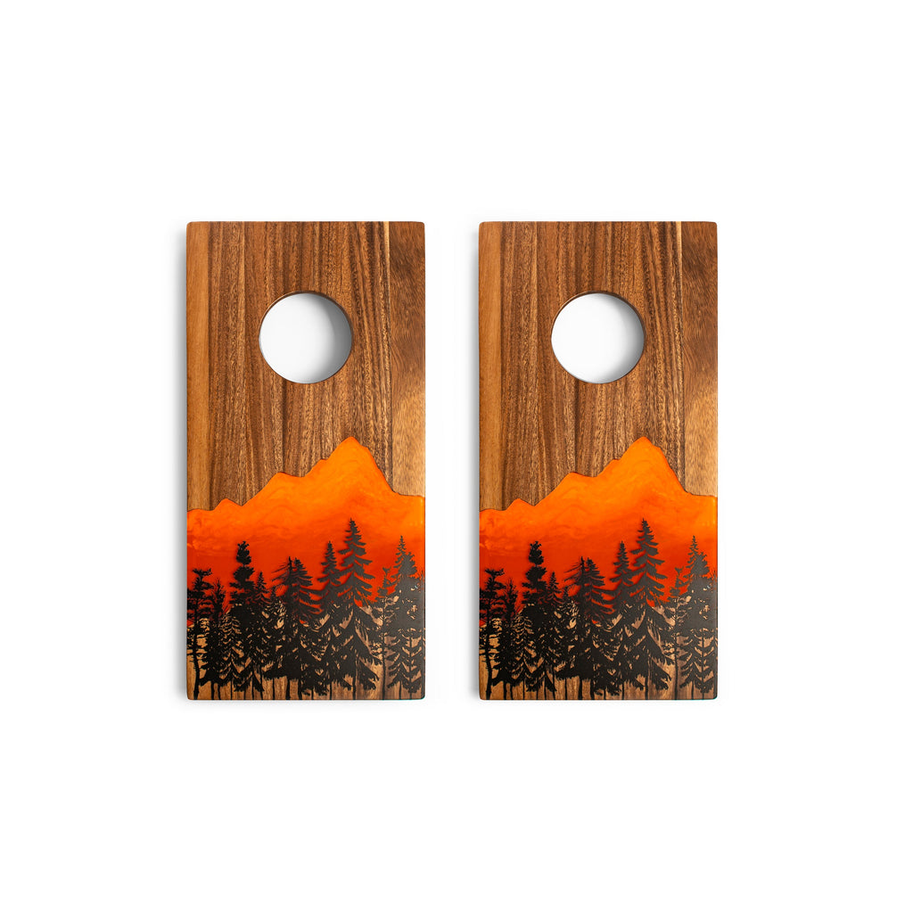 Elakai 1ft x 2ft Orange Mountain Epoxy Resin Wood Compact Travel Cornhole Board Set | Heirloom Boulevard