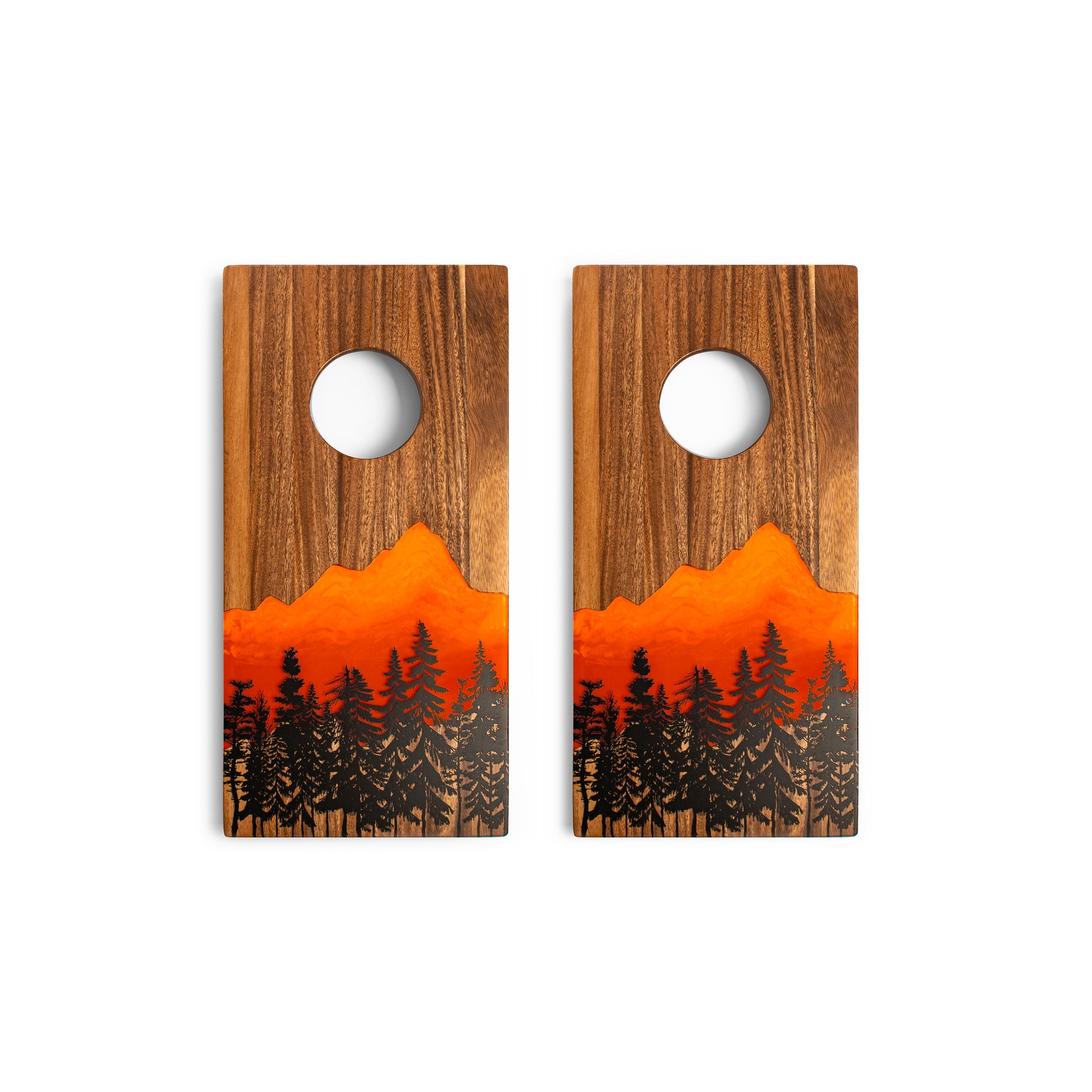 Elakai 1ft x 2ft Orange Mountain Epoxy Resin Wood Compact Travel Cornhole Board Set | Heirloom Boulevard