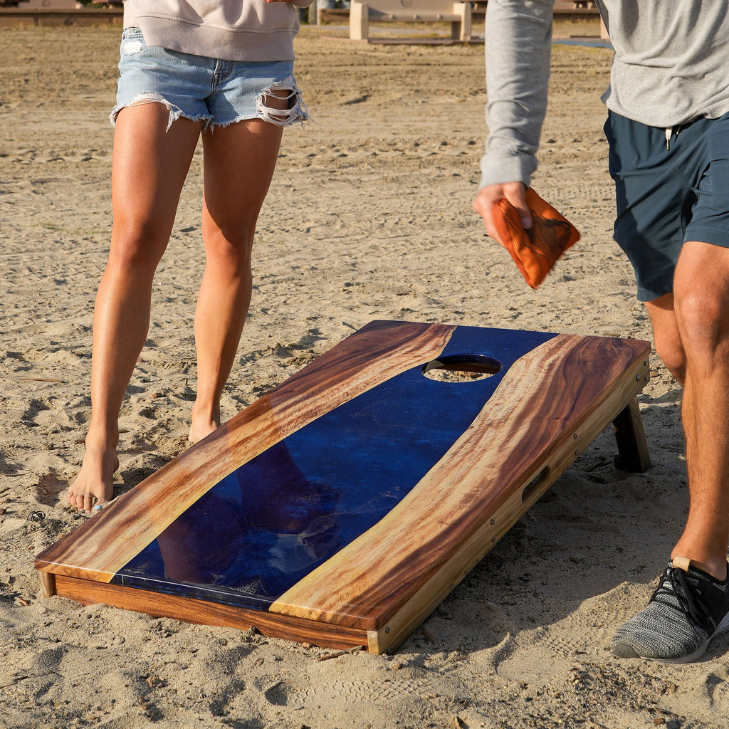 Elakai River Epoxy Resin with Live Edge Acacia Pathfinder ART Cornhole Boards | Heirloom Boulevard