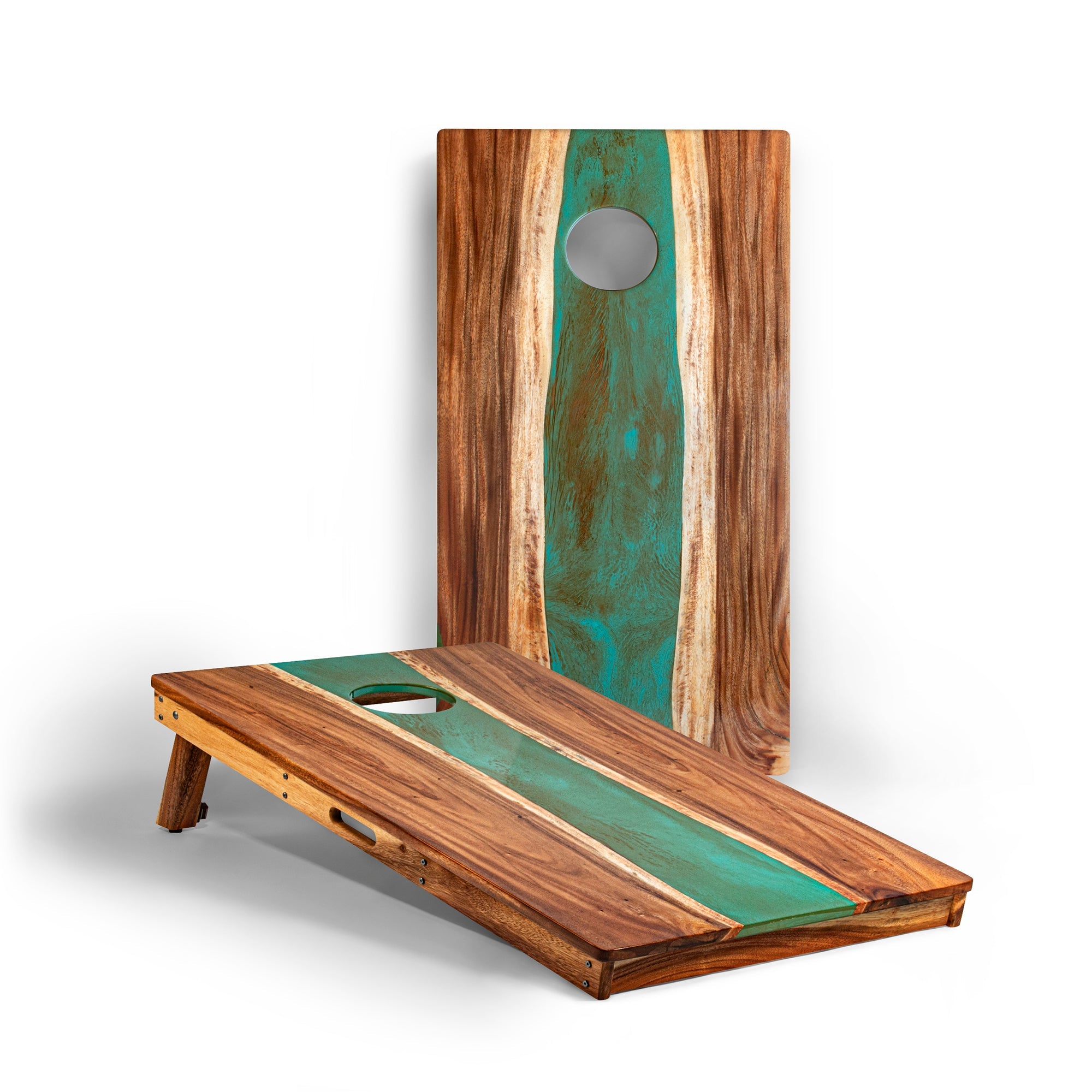 Elakai River Epoxy Resin with Live Edge Acacia Pathfinder ART Cornhole Boards Classic Turquoise | Heirloom Boulevard