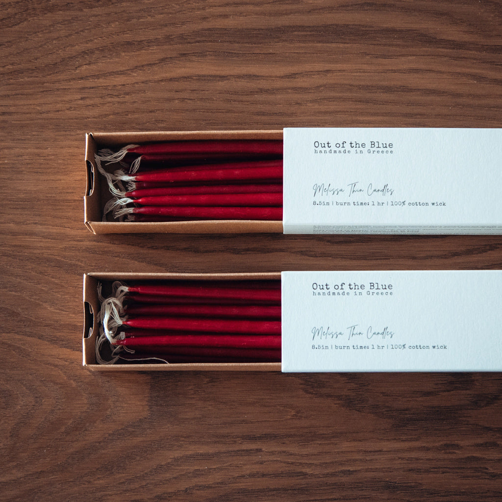 Out of the Blue Melissa Beeswax Thin Tapers - Pack of 15 Burgundy 2 Packs (Save 10%) | Heirloom Boulevard