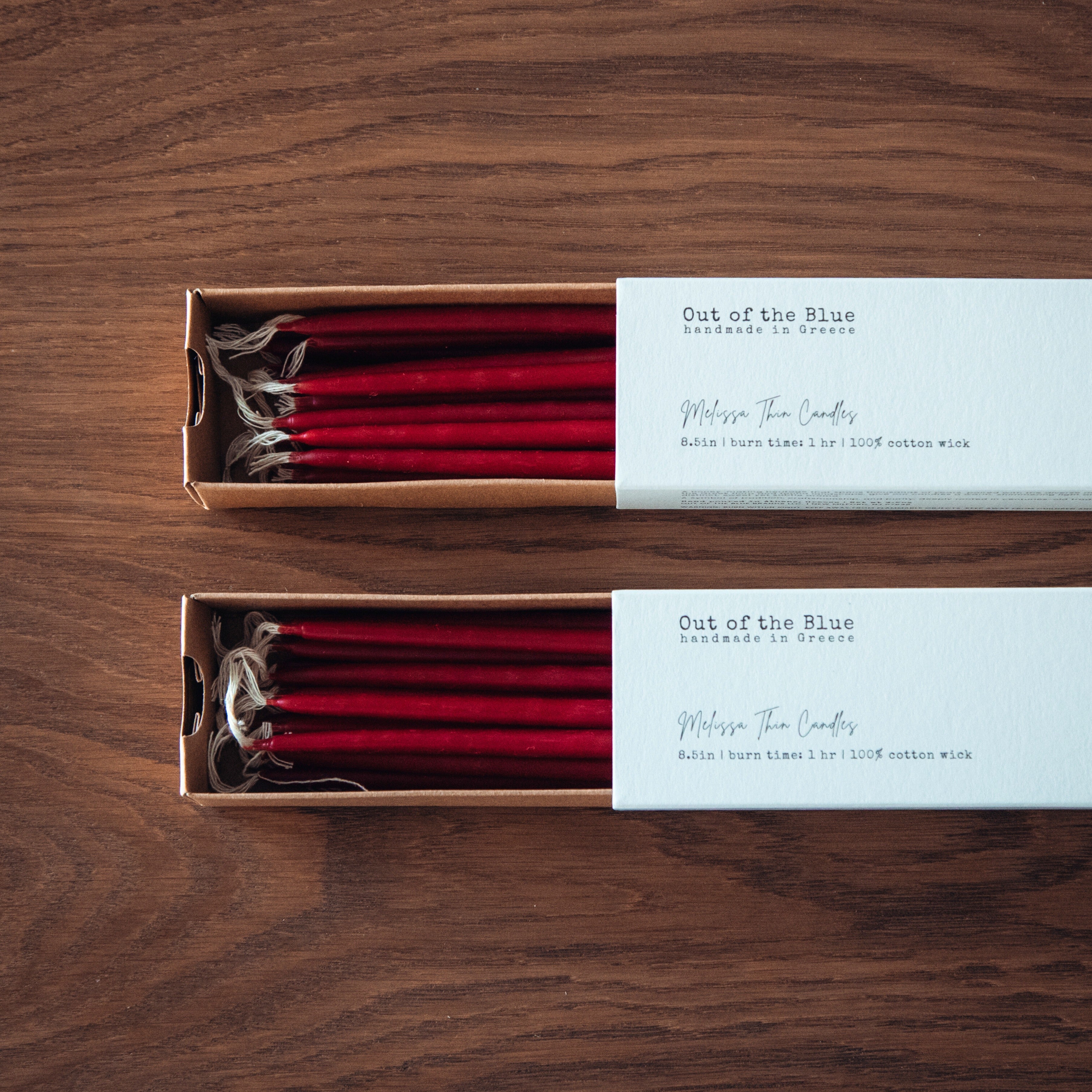 Out of the Blue Melissa Beeswax Thin Tapers - Pack of 15 Burgundy 2 Packs (Save 10%) | Heirloom Boulevard