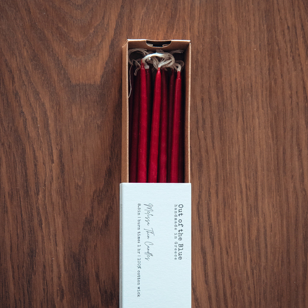 Out of the Blue Melissa Beeswax Thin Tapers - Pack of 15 Burgundy 1 Pack | Heirloom Boulevard