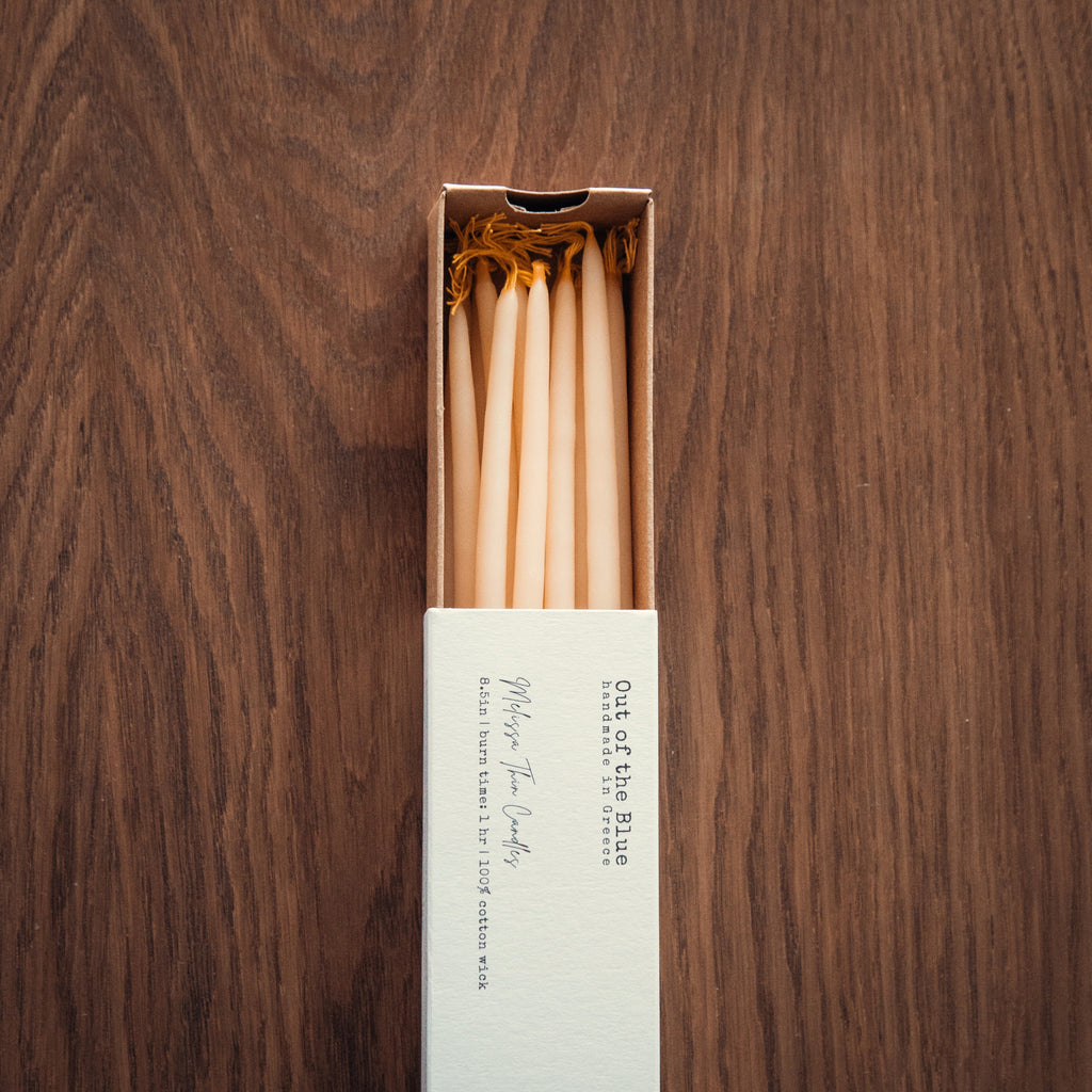 Out of the Blue Melissa Beeswax Thin Tapers - Pack of 15 Ivory 1 Pack | Heirloom Boulevard