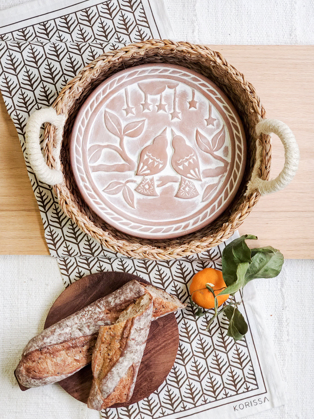 Bread Warmer & Basket Gift Set with Tea Towel - Lovebird Round | Heirloom Boulevard