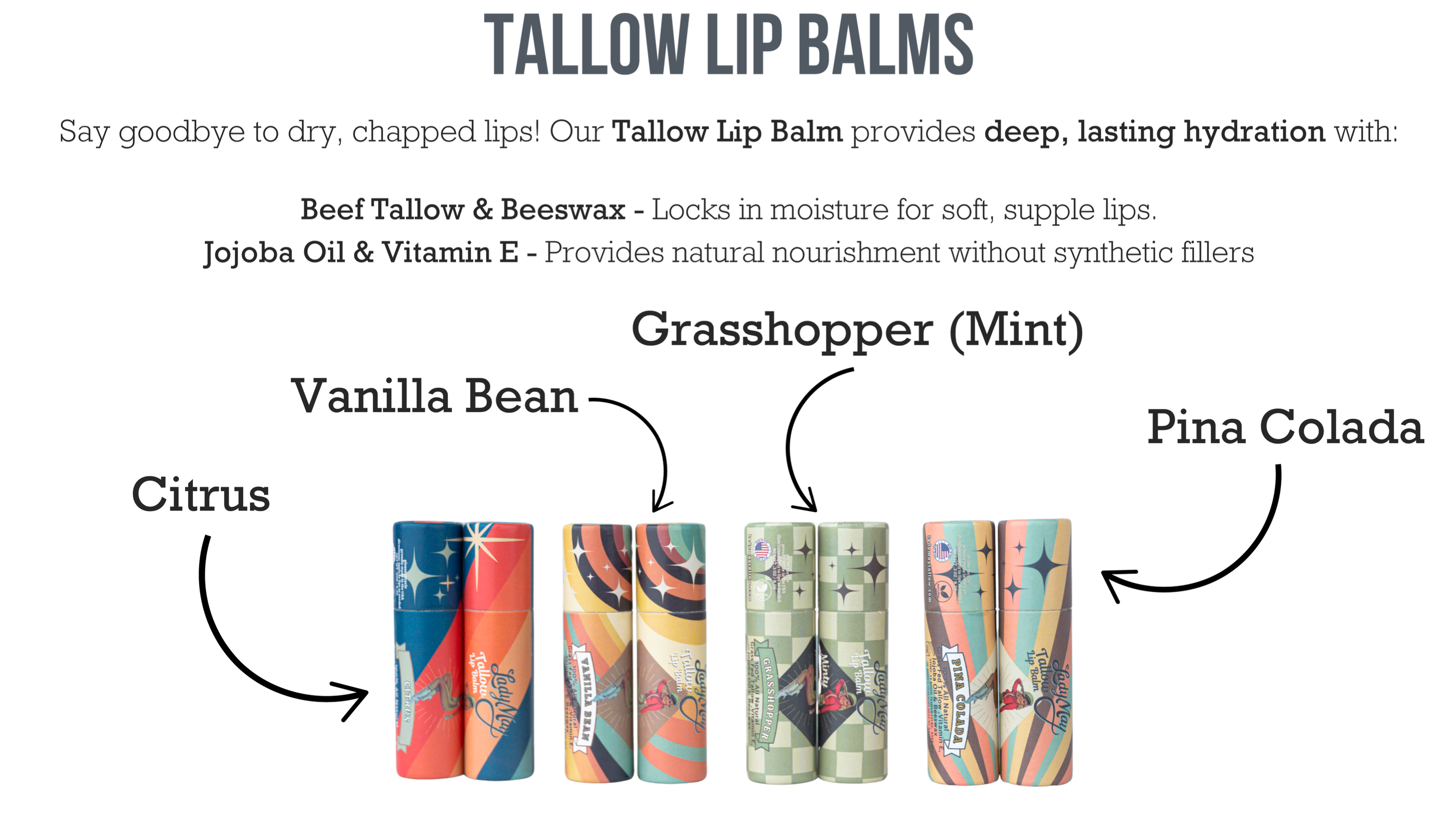 Tallow Lip Balm Multipack - Citrus, Vanilla, Mint, Pina Colada Lady May Tallow | Heirloom Boulevard