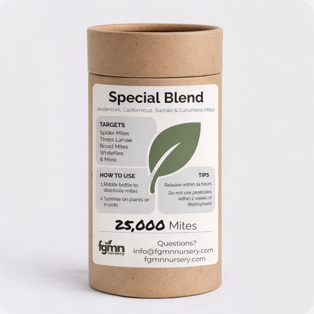 FGMN Nursery Special Blend Predatory Mite Mix 2X-Large — 25,000 Mites — Treats 250 Plants (6" pots) | Heirloom Boulevard
