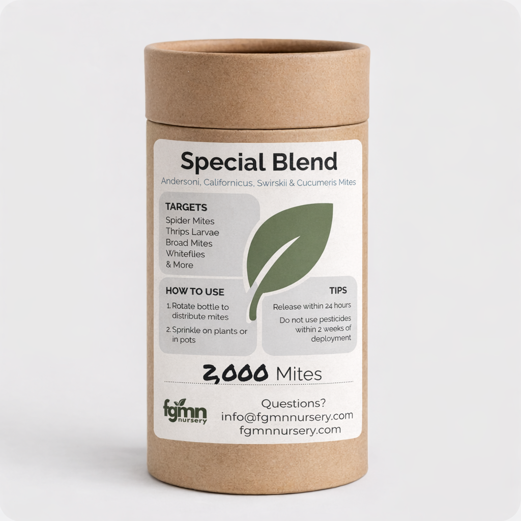 FGMN Nursery Special Blend Predatory Mite Mix Medium — 2,000 Mites — Treats 20 Plants (6" pots) | Heirloom Boulevard