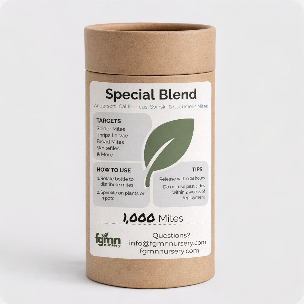 FGMN Nursery Special Blend Predatory Mite Mix Small — 1,000 Mites — Treats 10 Plants (6" pots) | Heirloom Boulevard
