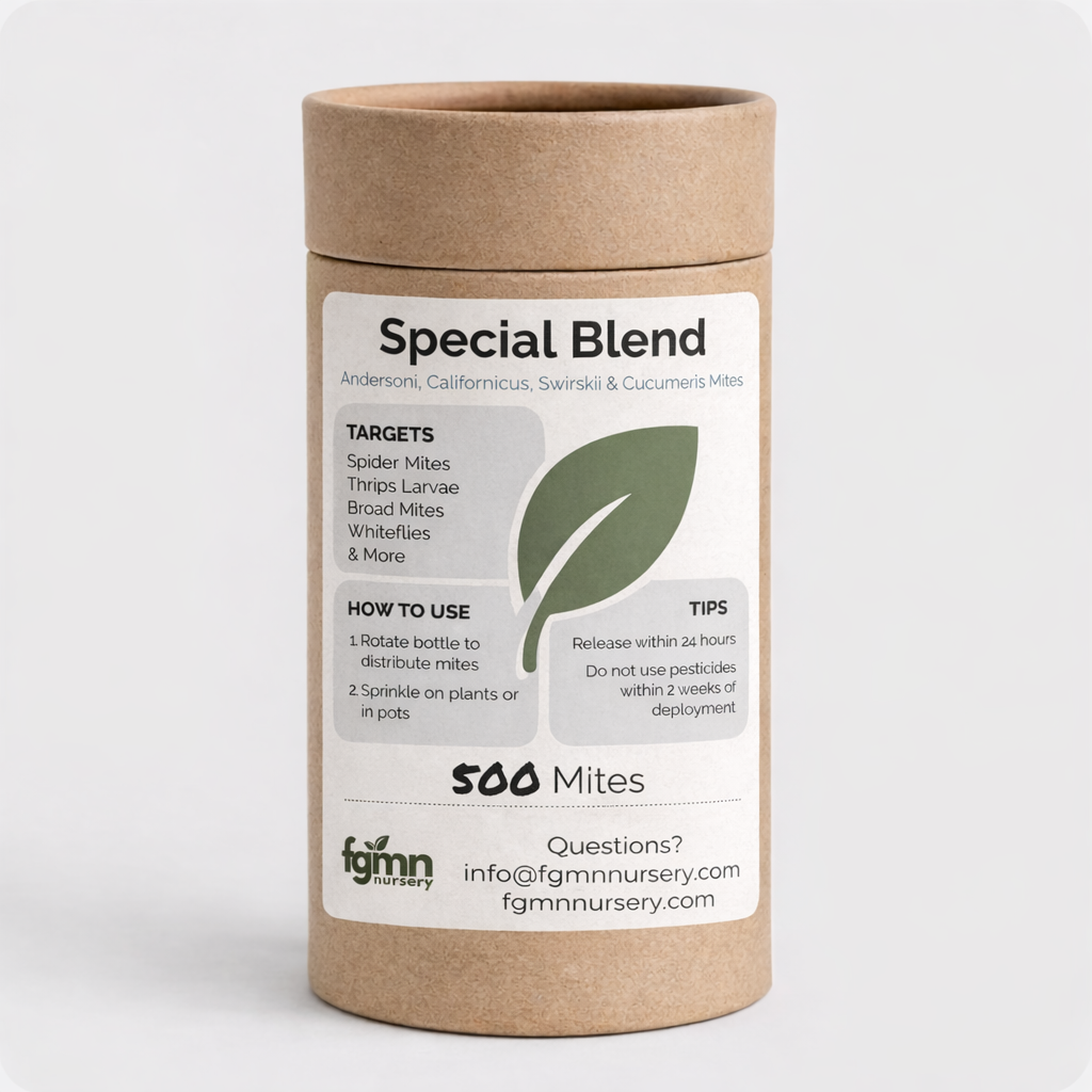 FGMN Nursery Special Blend Predatory Mite Mix X-Small — 500 Mites — Treats 5 Plants (6" pots) | Heirloom Boulevard