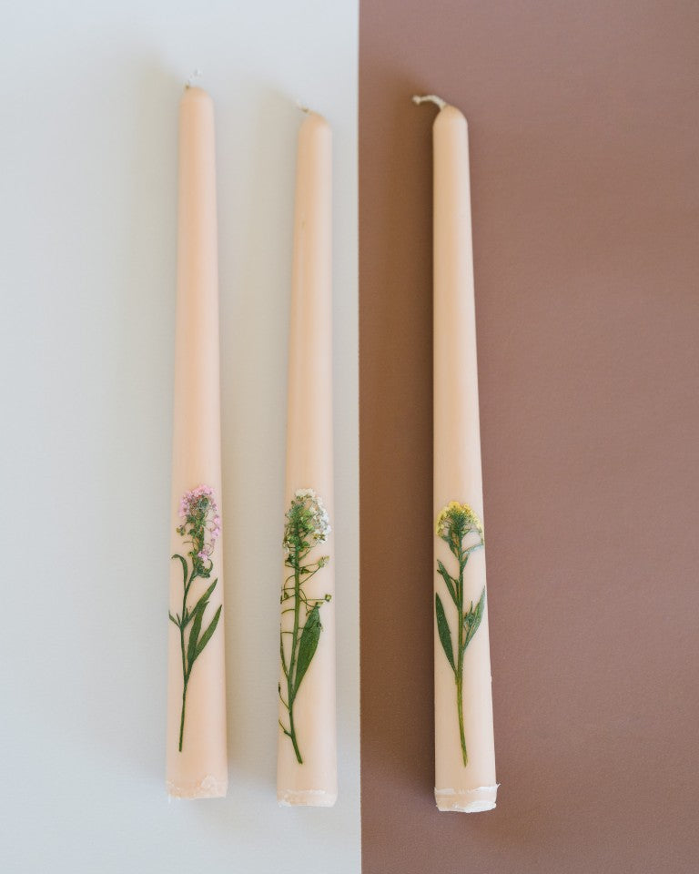 Galley & Fen Floral Inlaid Tapered Candle in Cream - Set of 3 | Heirloom Boulevard
