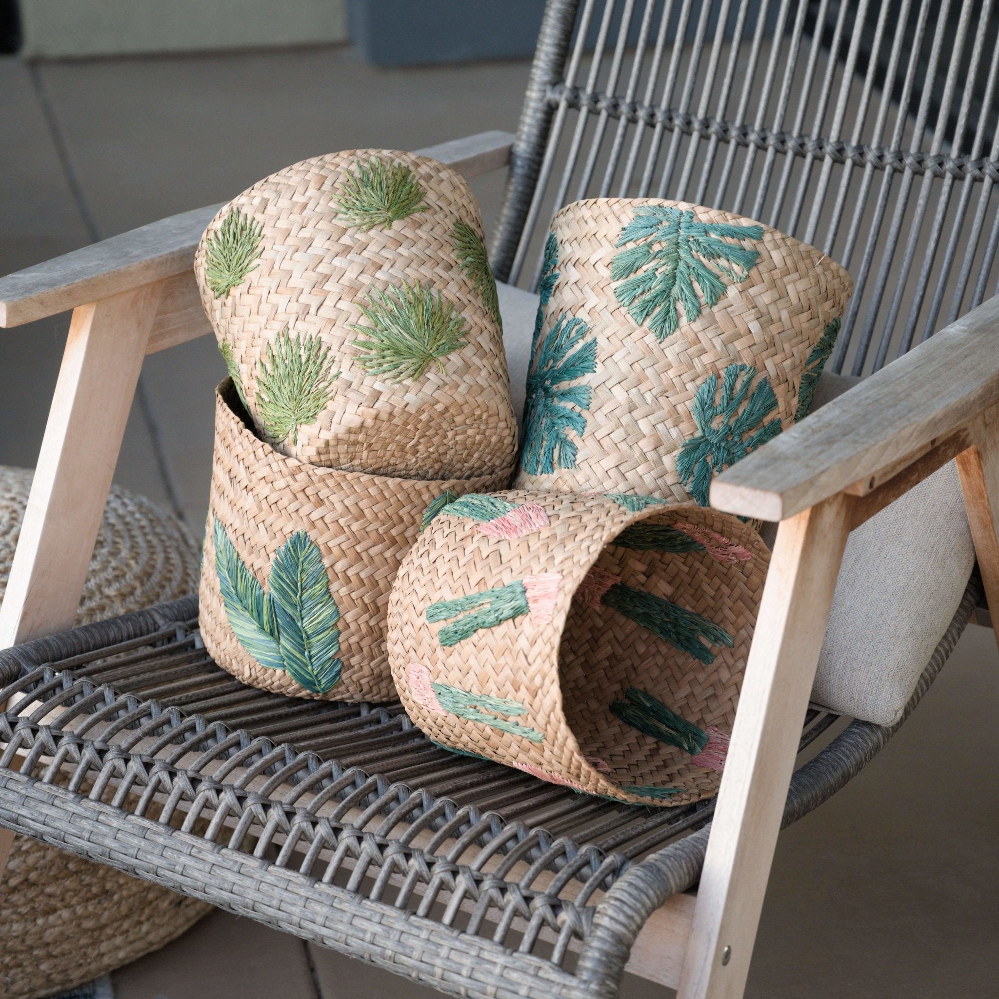 LIKHÂ Banana Leaf Embroidery Soft Woven Basket - Plant Baskets | LIKHÂ